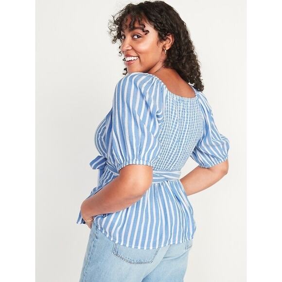 Old Navy Women's Striped Wrap Baby Doll Top Blue M Cottage Pastoral Feminine - Picture 2 of 15